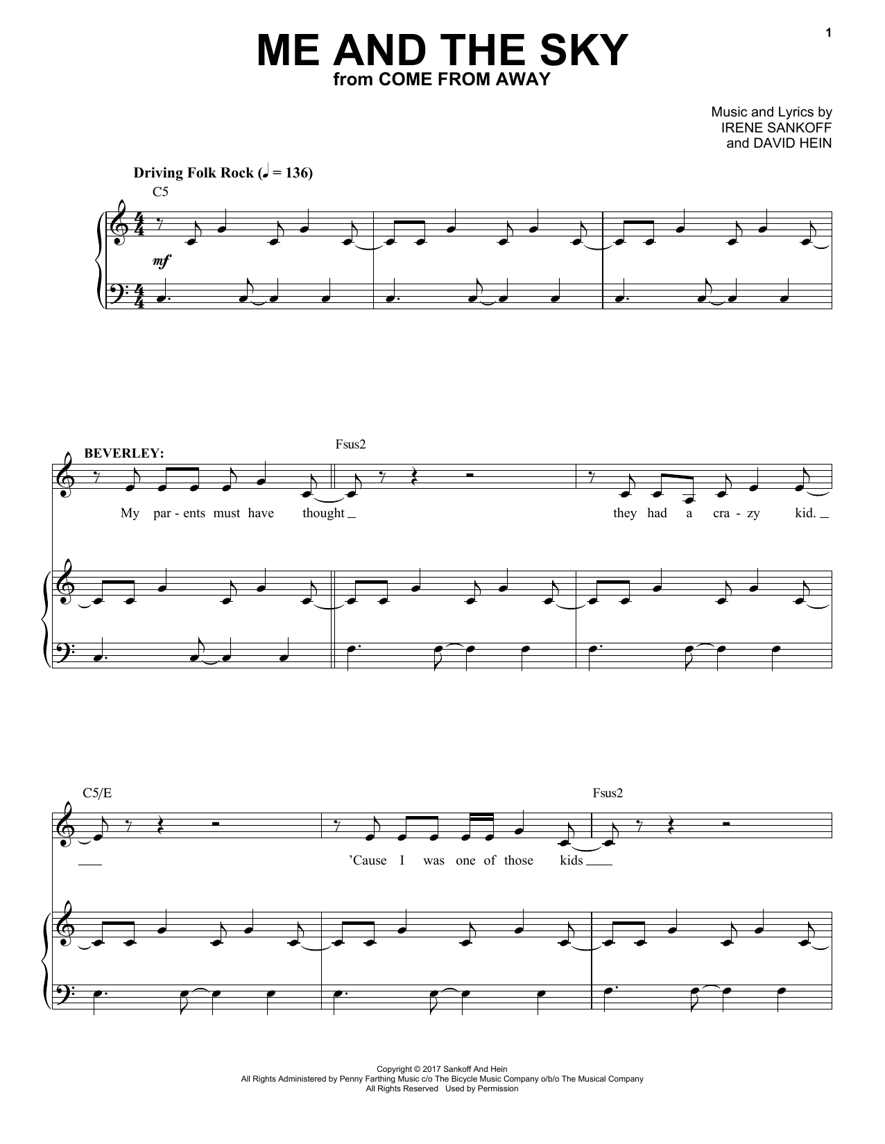 Download Irene Sankoff & David Hein Me And The Sky (from Come From Away) Sheet Music and learn how to play Very Easy Piano PDF digital score in minutes