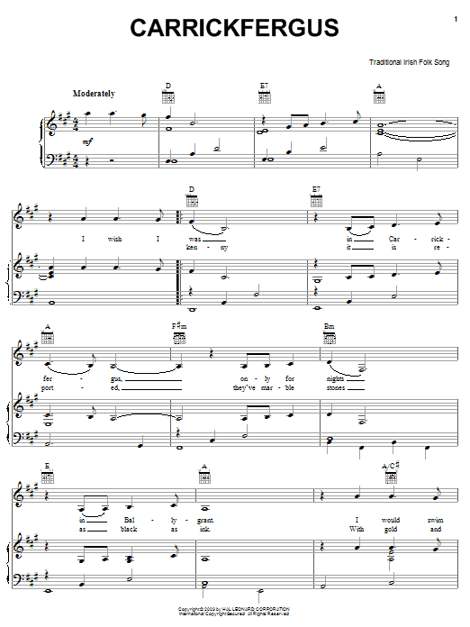 Download Irish Folksong Carrick Fergus Sheet Music and learn how to play Piano, Vocal & Guitar (Right-Hand Melody) PDF digital score in minutes
