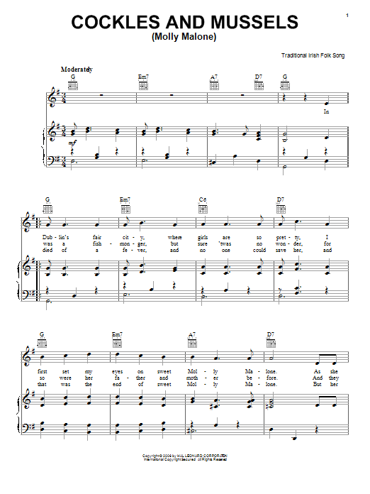 Download Irish Folksong Cockles And Mussels (Molly Malone) Sheet Music and learn how to play Piano, Vocal & Guitar (Right-Hand Melody) PDF digital score in minutes
