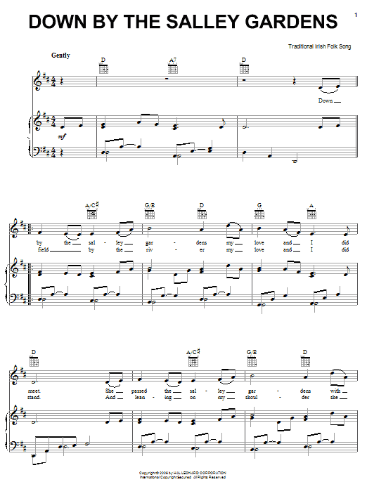 Download Irish Folksong Down By The Sally Gardens Sheet Music and learn how to play Piano, Vocal & Guitar (Right-Hand Melody) PDF digital score in minutes