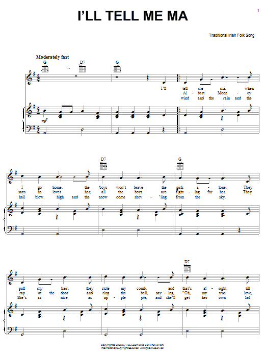 Download Irish Folksong I'll Tell Me Ma Sheet Music and learn how to play Piano, Vocal & Guitar (Right-Hand Melody) PDF digital score in minutes
