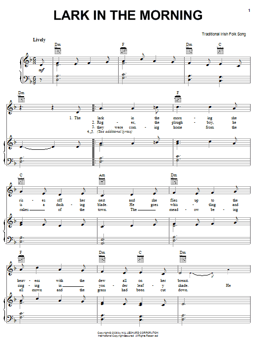 Download Irish Folksong Lark In The Morning Sheet Music and learn how to play Piano, Vocal & Guitar (Right-Hand Melody) PDF digital score in minutes
