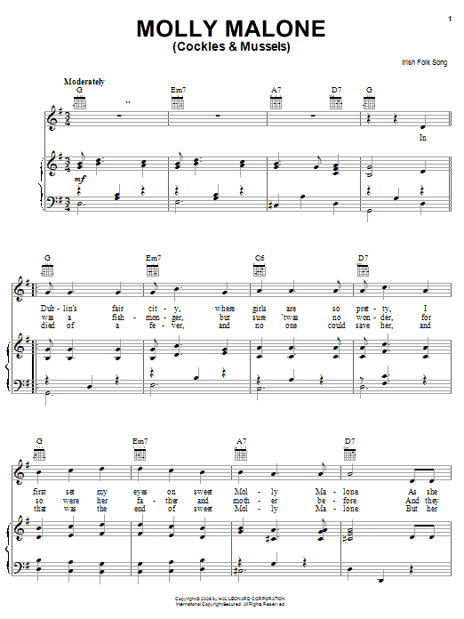 Download Irish Folksong Molly Malone (Cockles & Mussels) Sheet Music and learn how to play Piano, Vocal & Guitar (Right-Hand Melody) PDF digital score in minutes