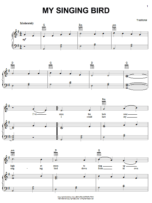 Download Irish Folksong My Singing Bird Sheet Music and learn how to play Piano, Vocal & Guitar (Right-Hand Melody) PDF digital score in minutes