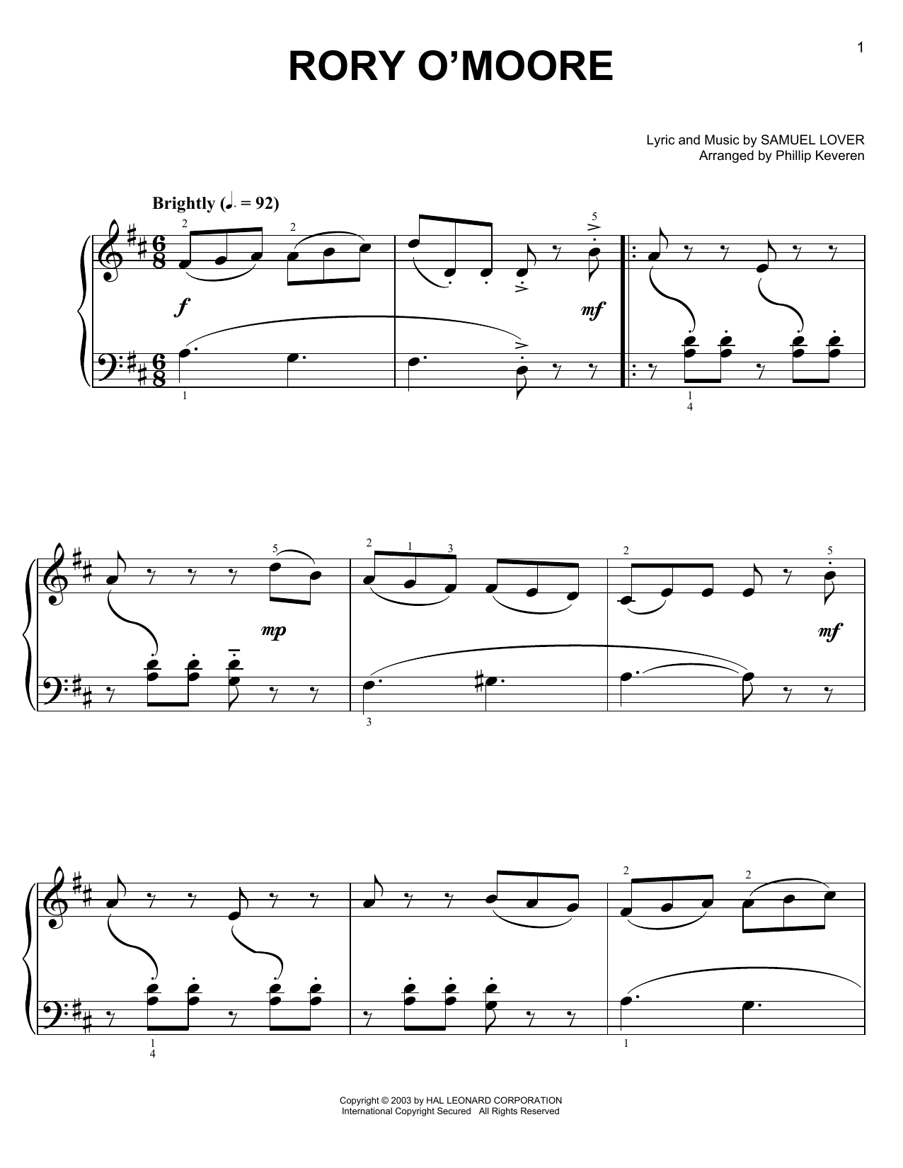 Download Phillip Keveren Rory O'Moore Sheet Music and learn how to play Easy Piano PDF digital score in minutes