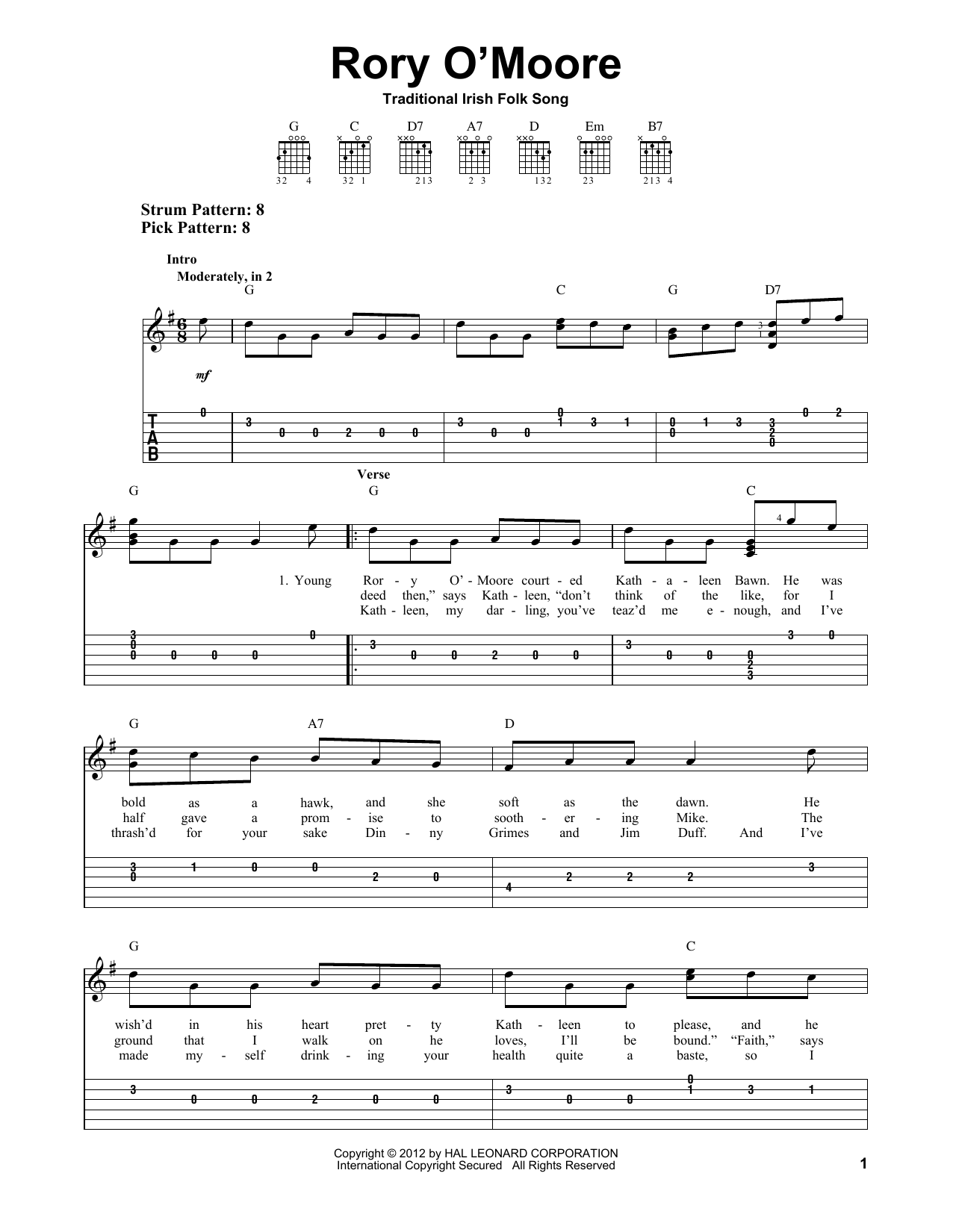 Download Irish Folk Song Rory O'Moore Sheet Music and learn how to play Easy Guitar Tab PDF digital score in minutes