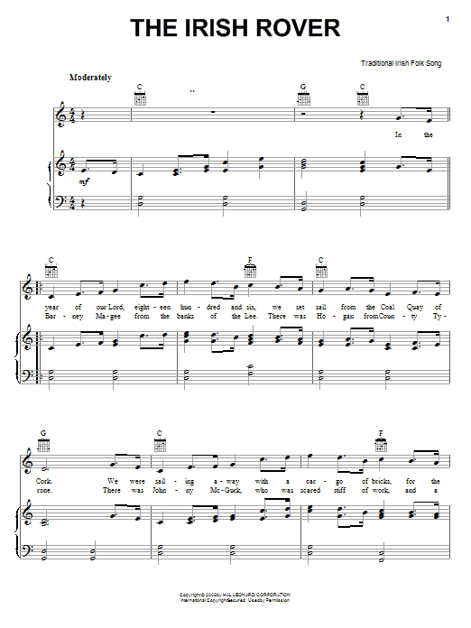 Download Irish Folksong The Irish Rover Sheet Music and learn how to play Piano, Vocal & Guitar (Right-Hand Melody) PDF digital score in minutes