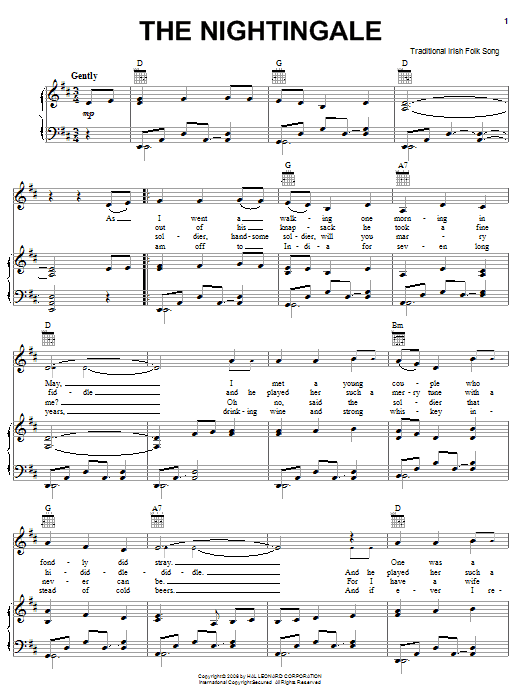 Download Irish Folksong The Nightingale Sheet Music and learn how to play Piano, Vocal & Guitar (Right-Hand Melody) PDF digital score in minutes