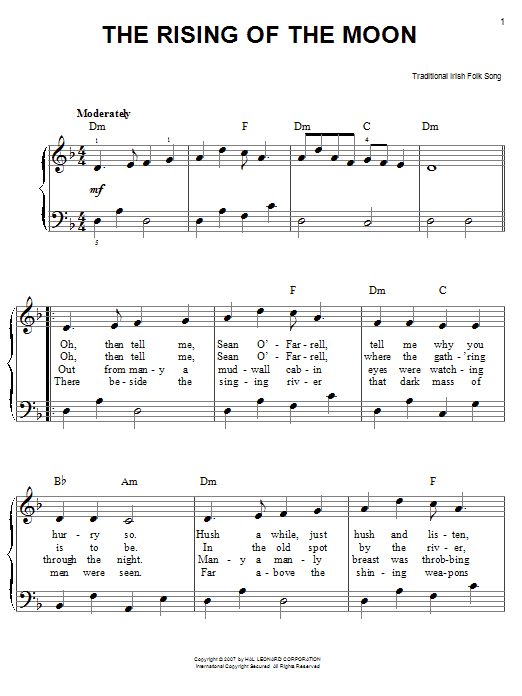Download Irish Folksong The Rising Of The Moon Sheet Music and learn how to play Easy Piano PDF digital score in minutes