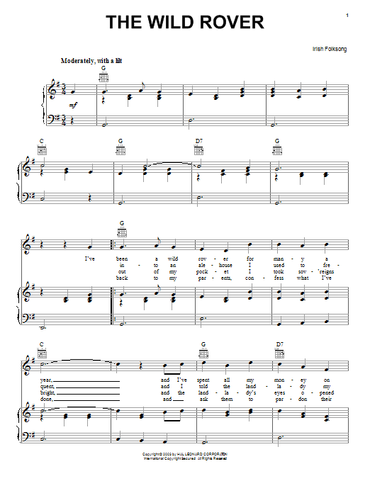 Download Irish Folksong Wild Rover Sheet Music and learn how to play Piano, Vocal & Guitar (Right-Hand Melody) PDF digital score in minutes