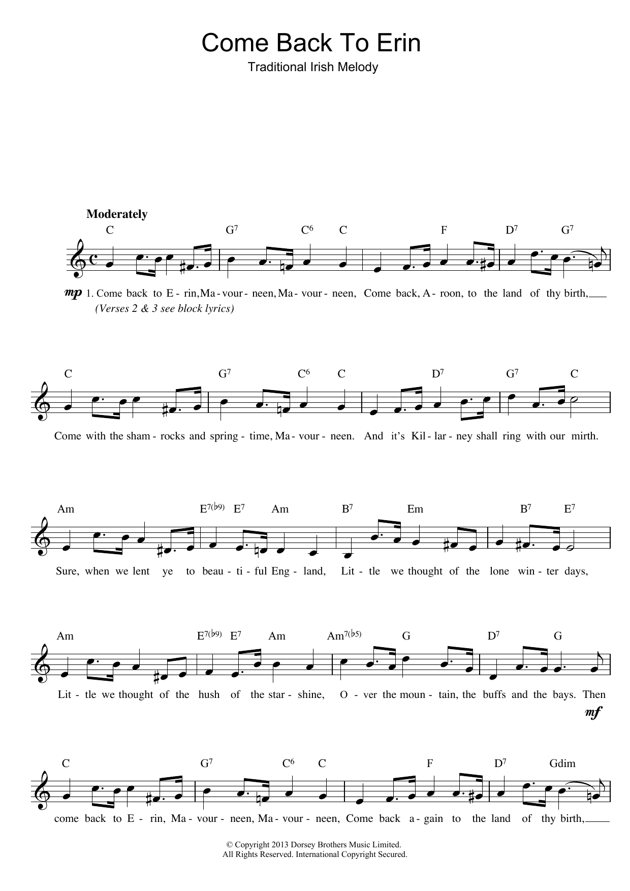 Download Irish Folksong Come Back To Erin Sheet Music and learn how to play Lyrics & Chords PDF digital score in minutes