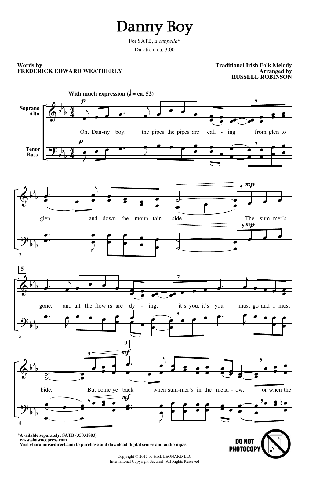 Download Russell Robinson Danny Boy Sheet Music and learn how to play SATB PDF digital score in minutes