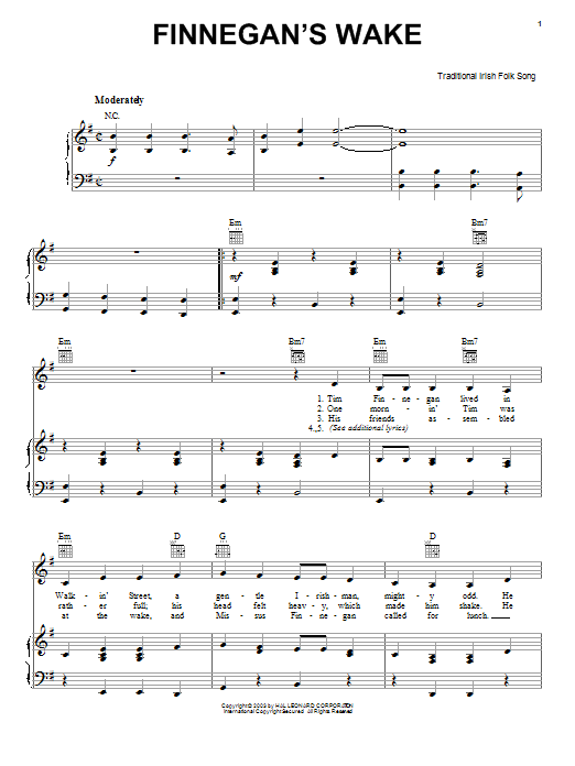 Download Irish Folksong Finnegan's Wake Sheet Music and learn how to play Piano, Vocal & Guitar (Right-Hand Melody) PDF digital score in minutes