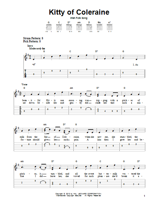 Download Irish Folksong Kitty Of Coleraine Sheet Music and learn how to play Easy Guitar Tab PDF digital score in minutes