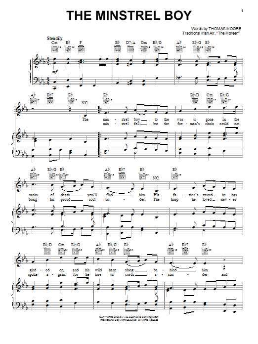 Download Irish Folksong Minstrel Boy Sheet Music and learn how to play Piano, Vocal & Guitar (Right-Hand Melody) PDF digital score in minutes