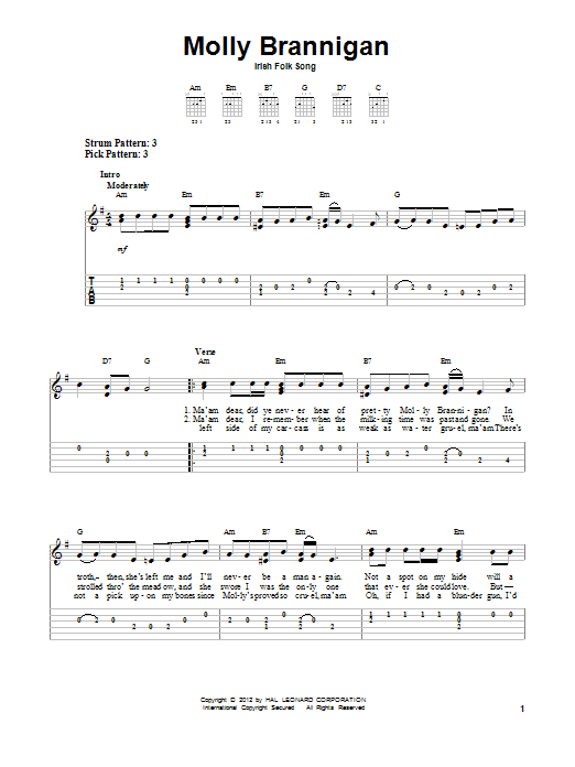Download Irish Folksong Molly Brannigan Sheet Music and learn how to play Easy Guitar Tab PDF digital score in minutes