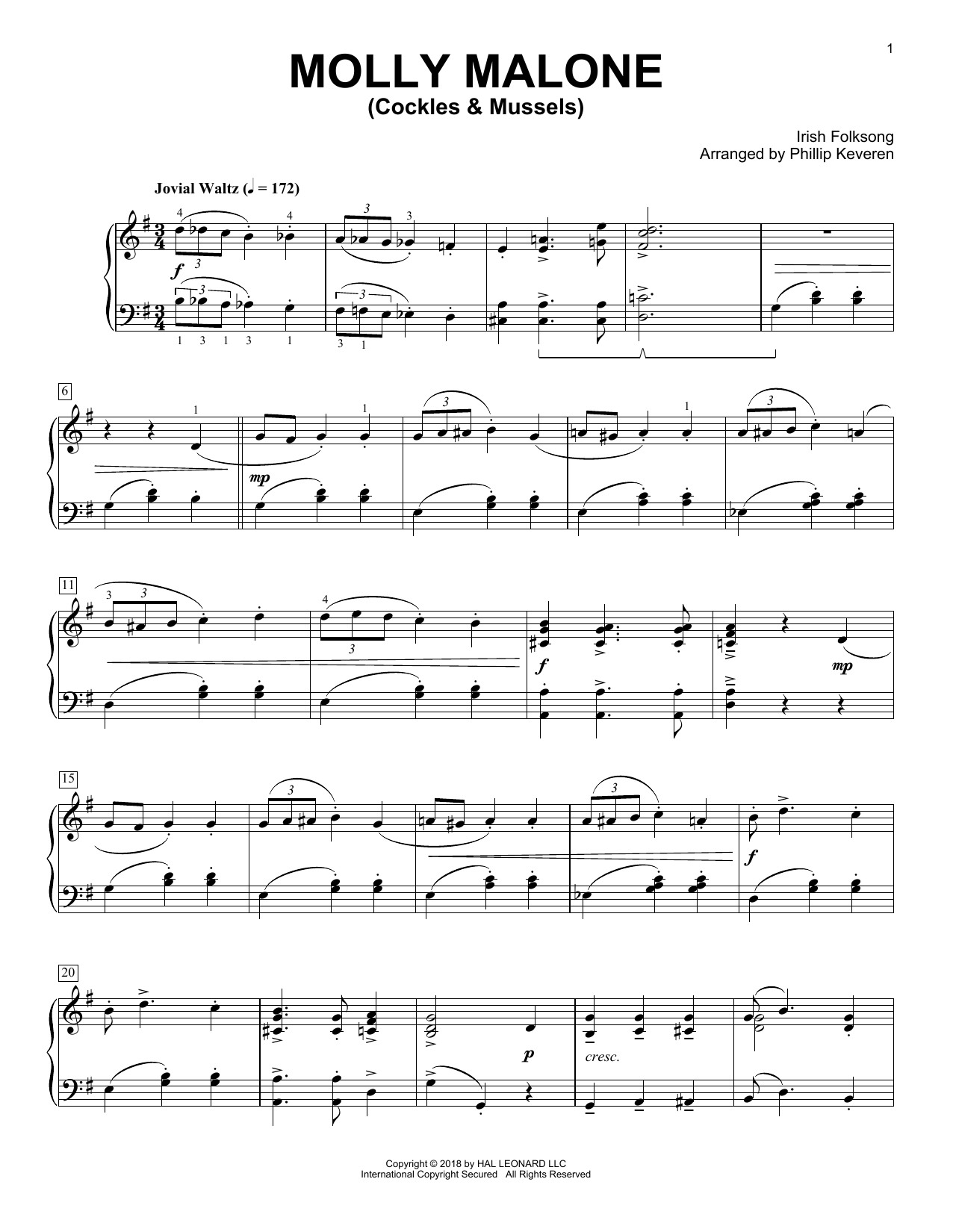 Download Irish Folksong Molly Malone (Cockles & Mussels) [Classical version] (arr. Phillip Keveren) Sheet Music and learn how to play Piano Solo PDF digital score in minutes