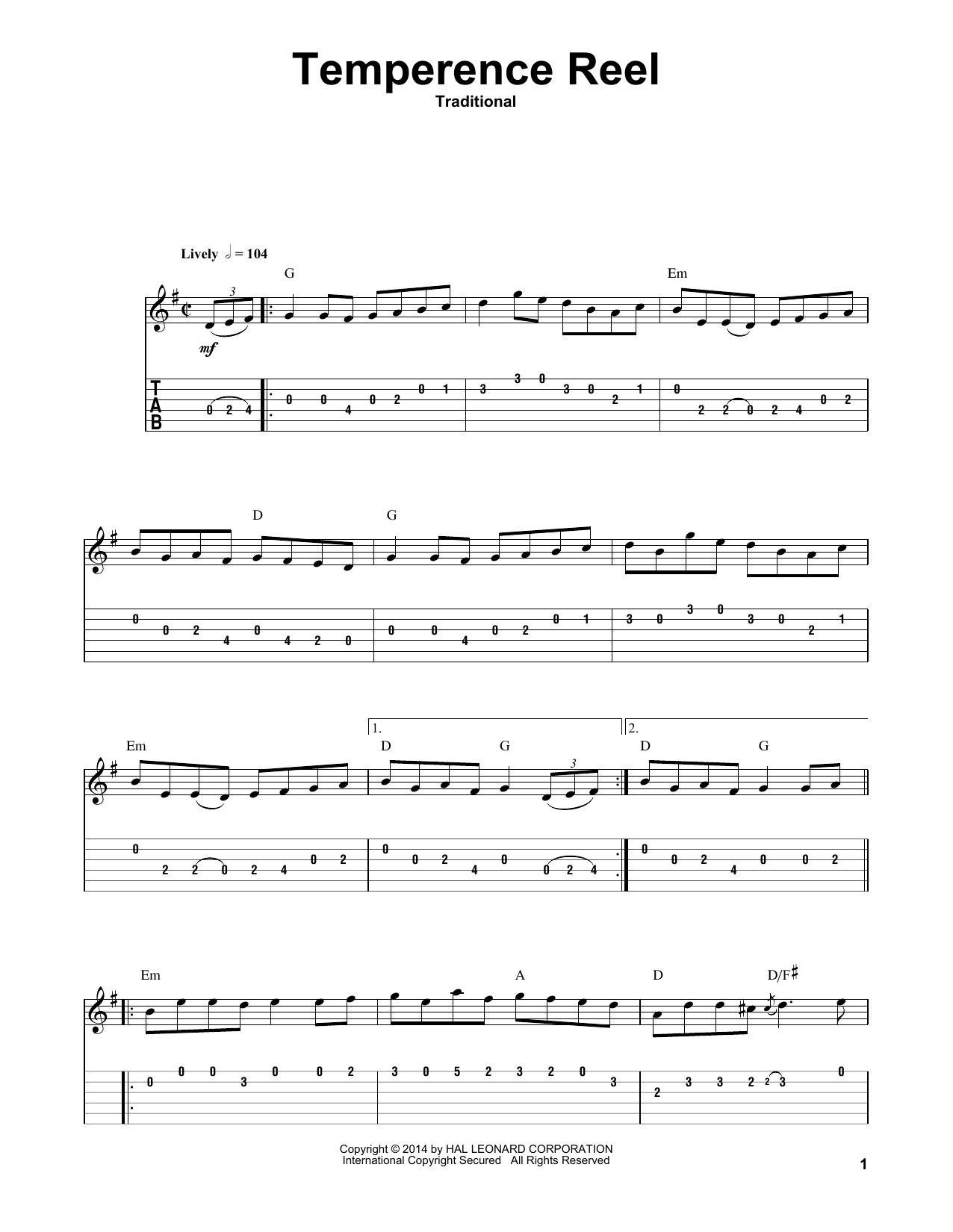 Download Irish Folksong Temperence Reel (Temperance Reel) Sheet Music and learn how to play Guitar Tab Play-Along PDF digital score in minutes