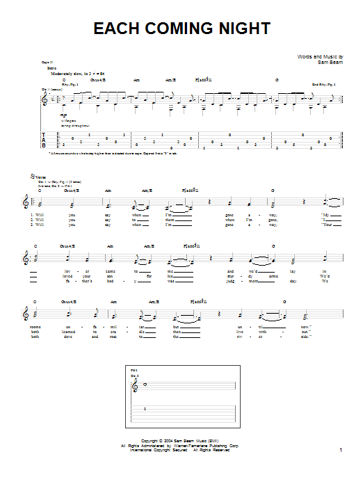 Download Iron & Wine Each Coming Night Sheet Music and learn how to play Easy Guitar PDF digital score in minutes