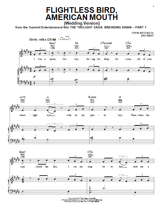 Download Iron & Wine Flightless Bird, American Mouth (Wedding Version) Sheet Music and learn how to play Piano, Vocal & Guitar (Right-Hand Melody) PDF digital score in minutes