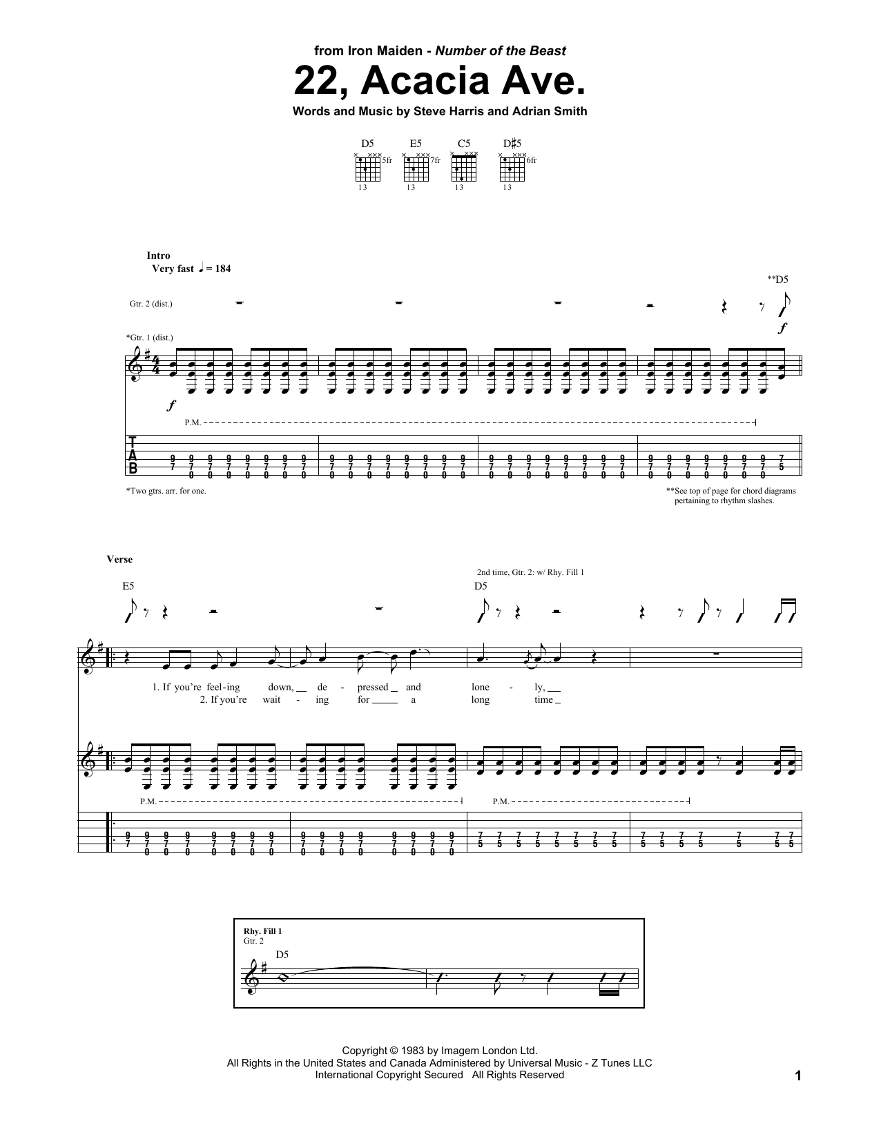 Download Iron Maiden 22, Acacia Ave. Sheet Music and learn how to play Guitar Tab PDF digital score in minutes