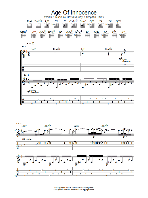 Download Iron Maiden Age Of Innocence Sheet Music and learn how to play Guitar Tab PDF digital score in minutes