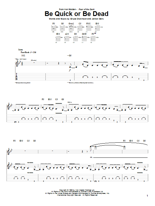 Download Iron Maiden Be Quick Or Be Dead Sheet Music and learn how to play Bass Guitar Tab PDF digital score in minutes