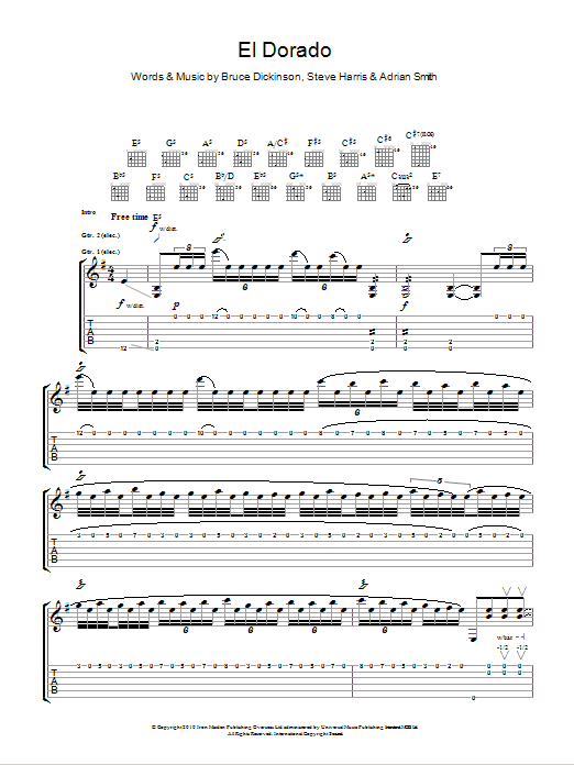 Download Iron Maiden El Dorado Sheet Music and learn how to play Guitar Tab PDF digital score in minutes