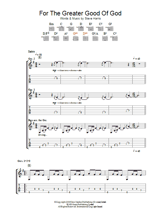 Download Iron Maiden For The Greater Good Of God Sheet Music and learn how to play Bass Guitar Tab PDF digital score in minutes