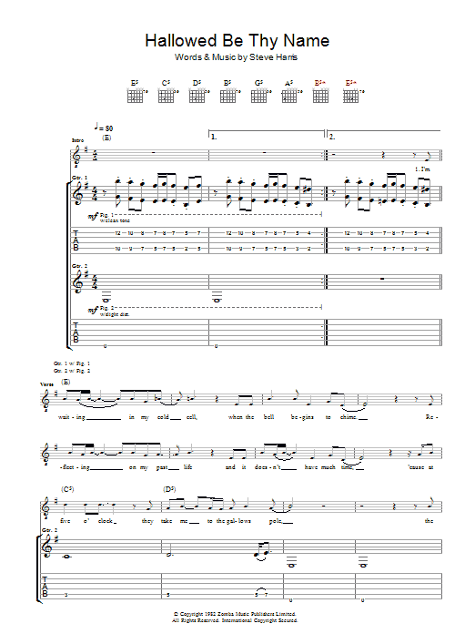 Download Iron Maiden Hallowed Be Thy Name Sheet Music and learn how to play Guitar Tab PDF digital score in minutes