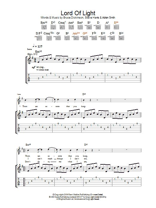 Download Iron Maiden Lord Of Light Sheet Music and learn how to play Guitar Tab PDF digital score in minutes