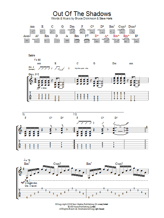 Download Iron Maiden Out Of The Shadows Sheet Music and learn how to play Guitar Tab PDF digital score in minutes