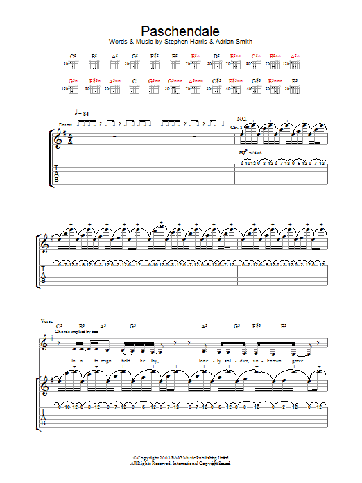 Download Iron Maiden Paschendale Sheet Music and learn how to play Guitar Tab PDF digital score in minutes