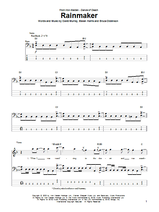 Download Iron Maiden Rainmaker Sheet Music and learn how to play Bass Guitar Tab PDF digital score in minutes