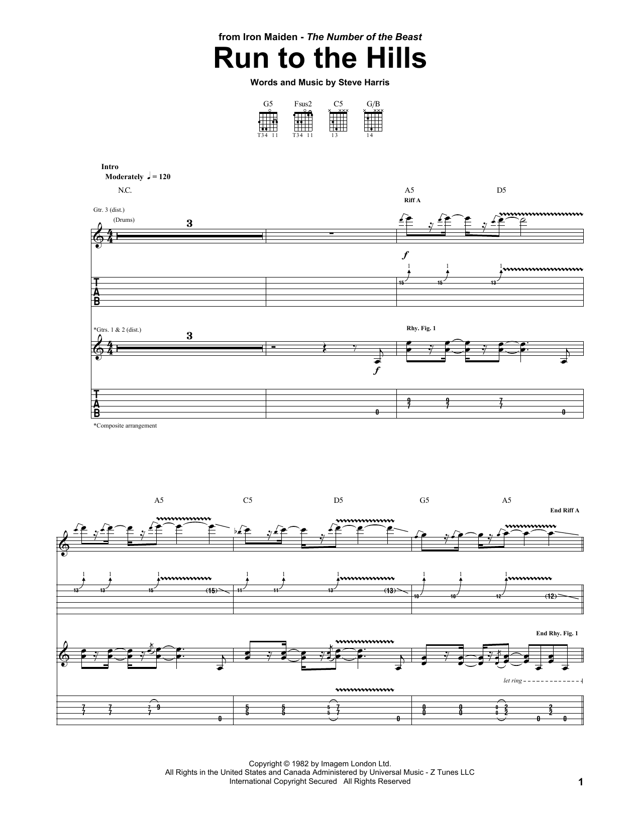 Download Iron Maiden Run To The Hills Sheet Music and learn how to play Piano, Vocal & Guitar (Right-Hand Melody) PDF digital score in minutes