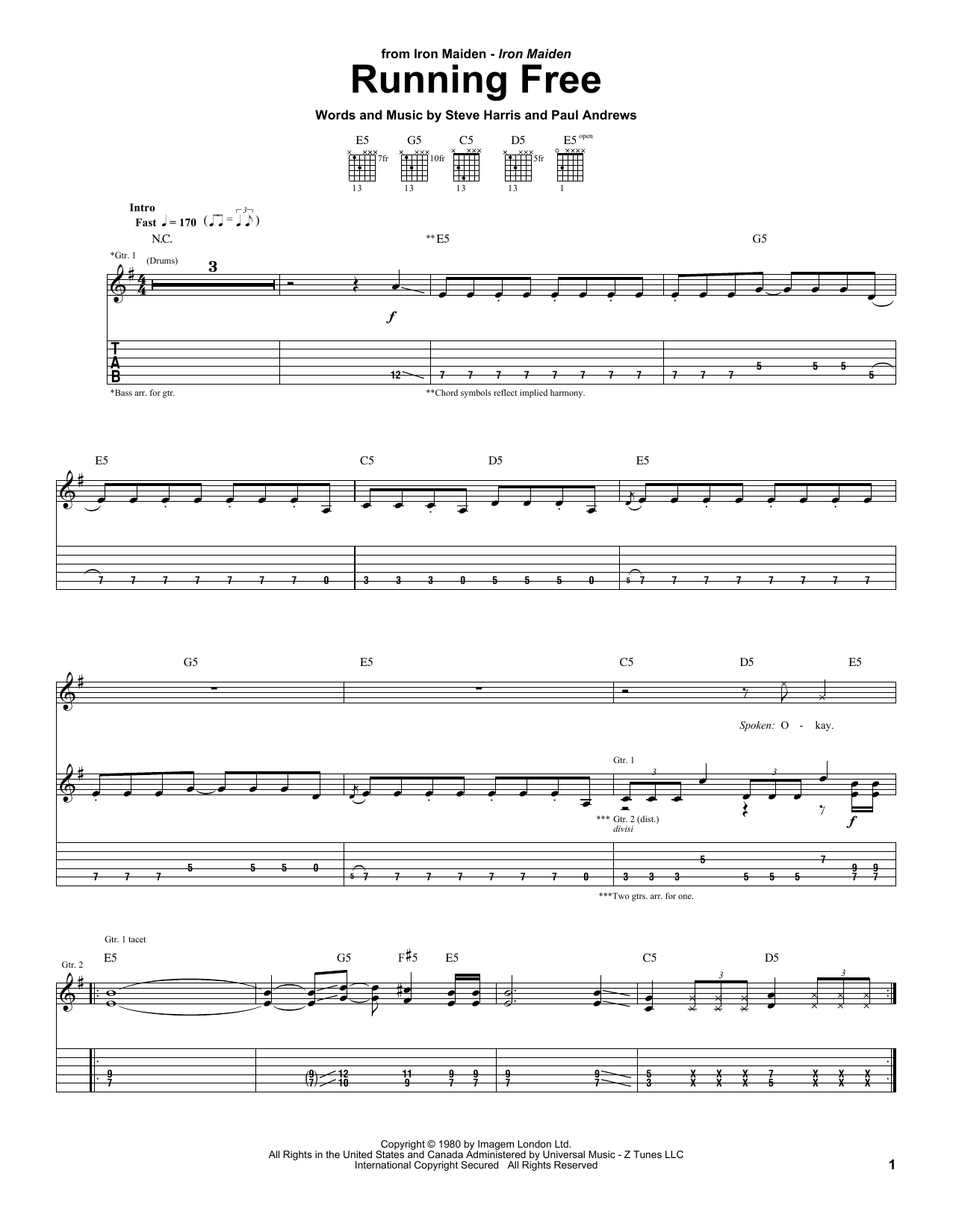 Download Iron Maiden Running Free Sheet Music and learn how to play Guitar Tab PDF digital score in minutes