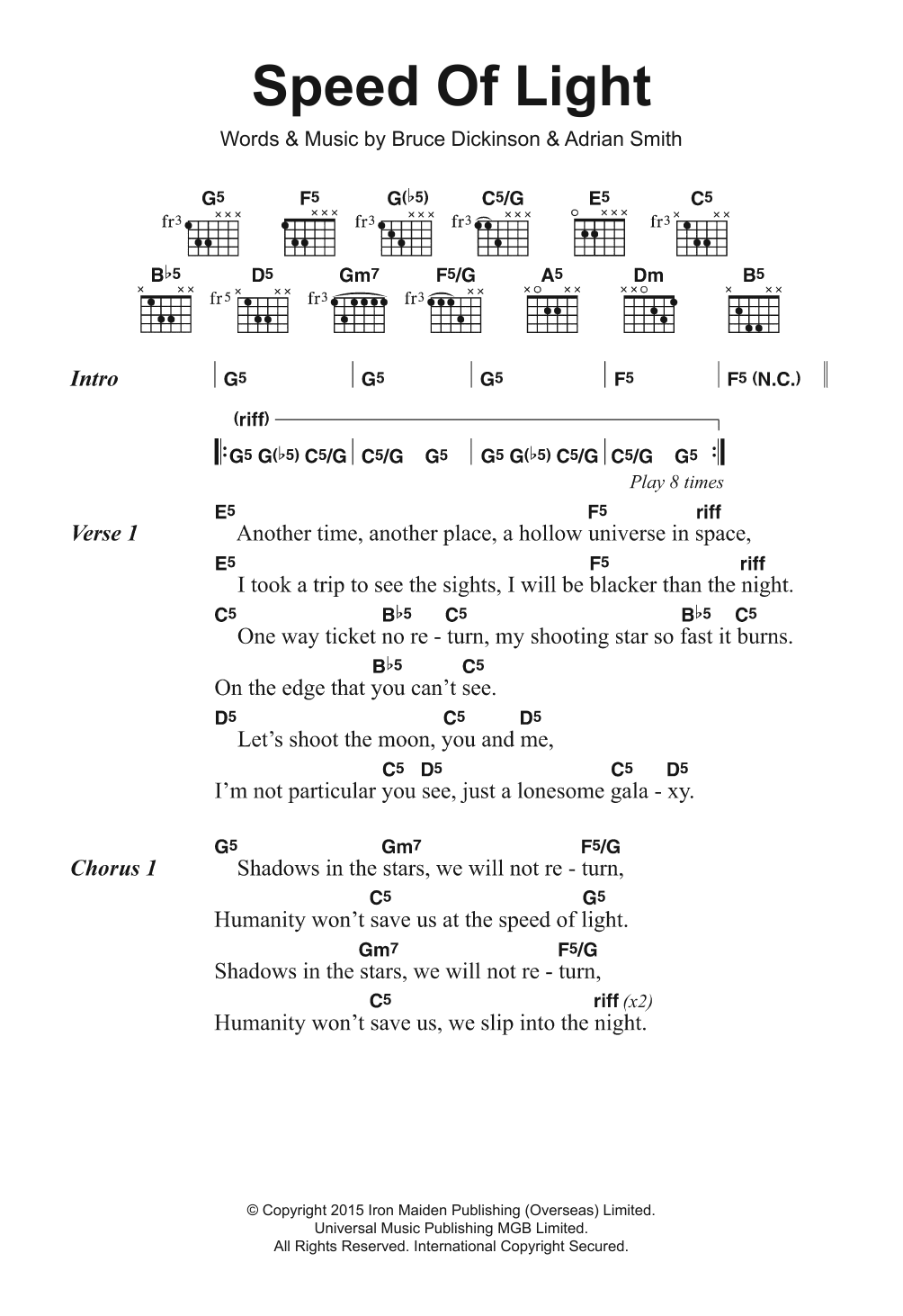 Download Iron Maiden Speed Of Light Sheet Music and learn how to play Lyrics & Chords PDF digital score in minutes