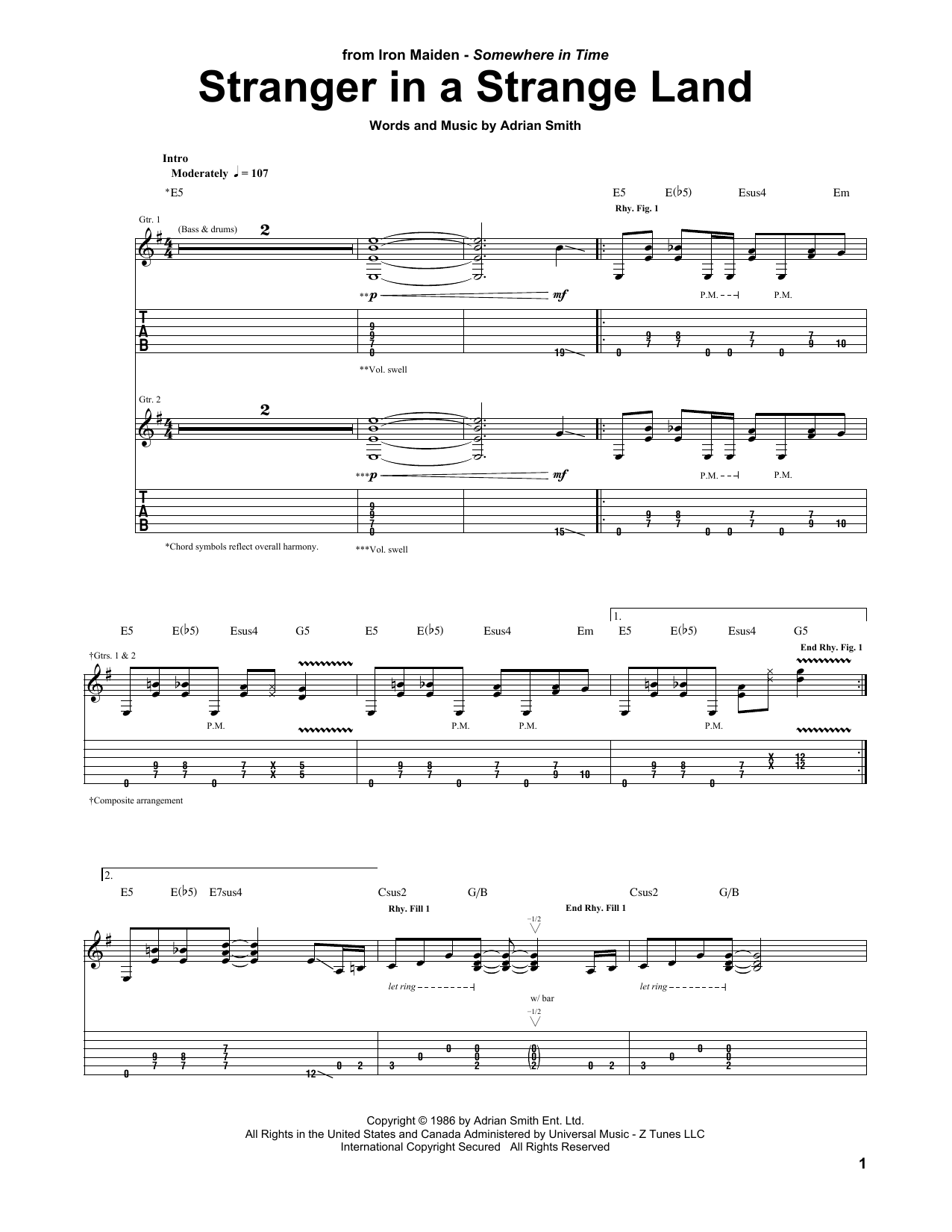 Download Iron Maiden Stranger In A Strange Land Sheet Music and learn how to play Guitar Tab PDF digital score in minutes