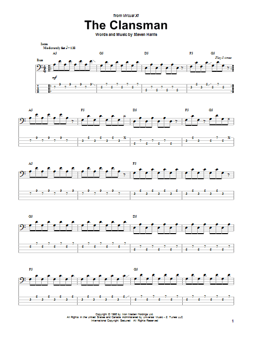 Download Iron Maiden The Clansman Sheet Music and learn how to play Bass Guitar Tab PDF digital score in minutes