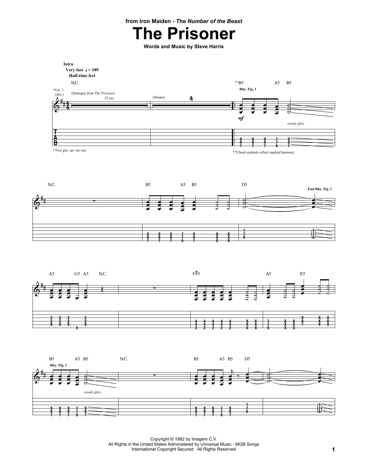 Download Iron Maiden The Prisoner Sheet Music and learn how to play Guitar Tab PDF digital score in minutes