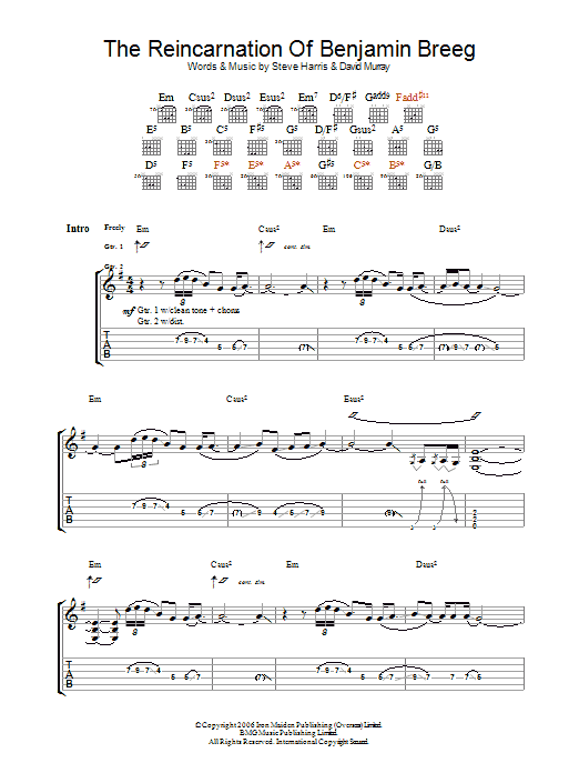 Download Iron Maiden The Reincarnation Of Benjamin Breeg Sheet Music and learn how to play Guitar Tab PDF digital score in minutes