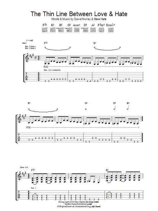 Download Iron Maiden The Thin Line Between Love And Hate Sheet Music and learn how to play Guitar Tab PDF digital score in minutes