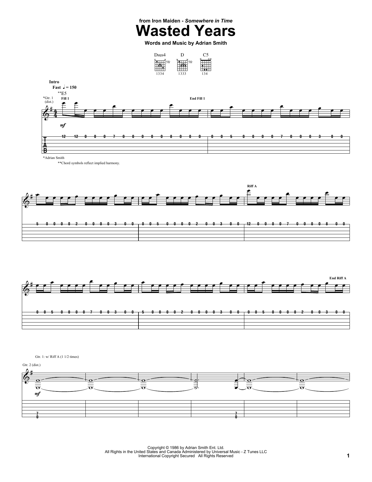 Download Iron Maiden Wasted Years Sheet Music and learn how to play Guitar Tab PDF digital score in minutes
