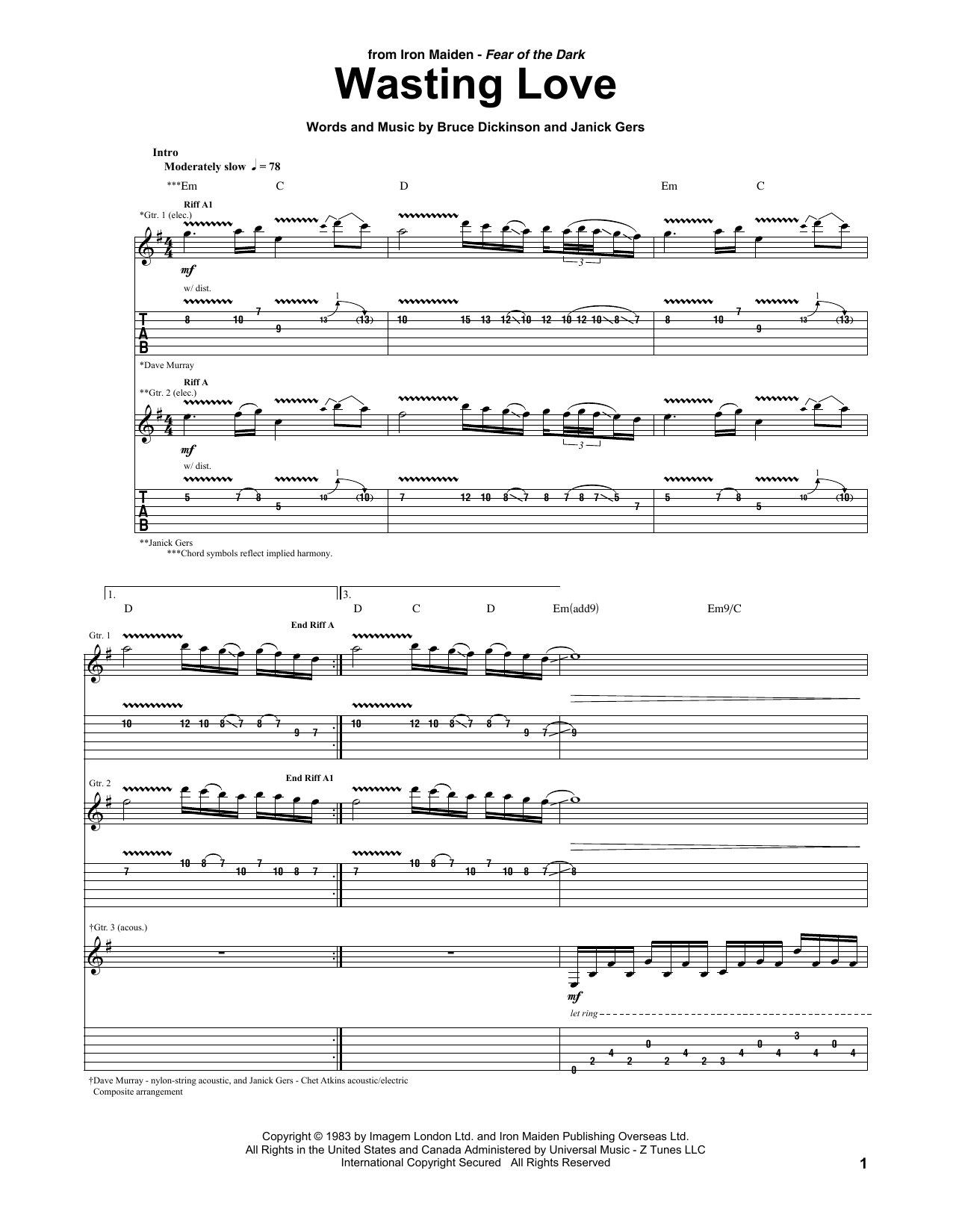 Download Iron Maiden Wasting Love Sheet Music and learn how to play Guitar Tab PDF digital score in minutes