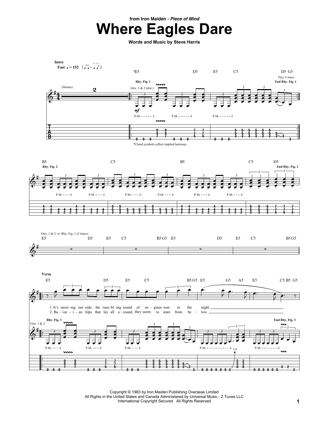 Download Iron Maiden Where Eagles Dare Sheet Music and learn how to play Guitar Tab PDF digital score in minutes