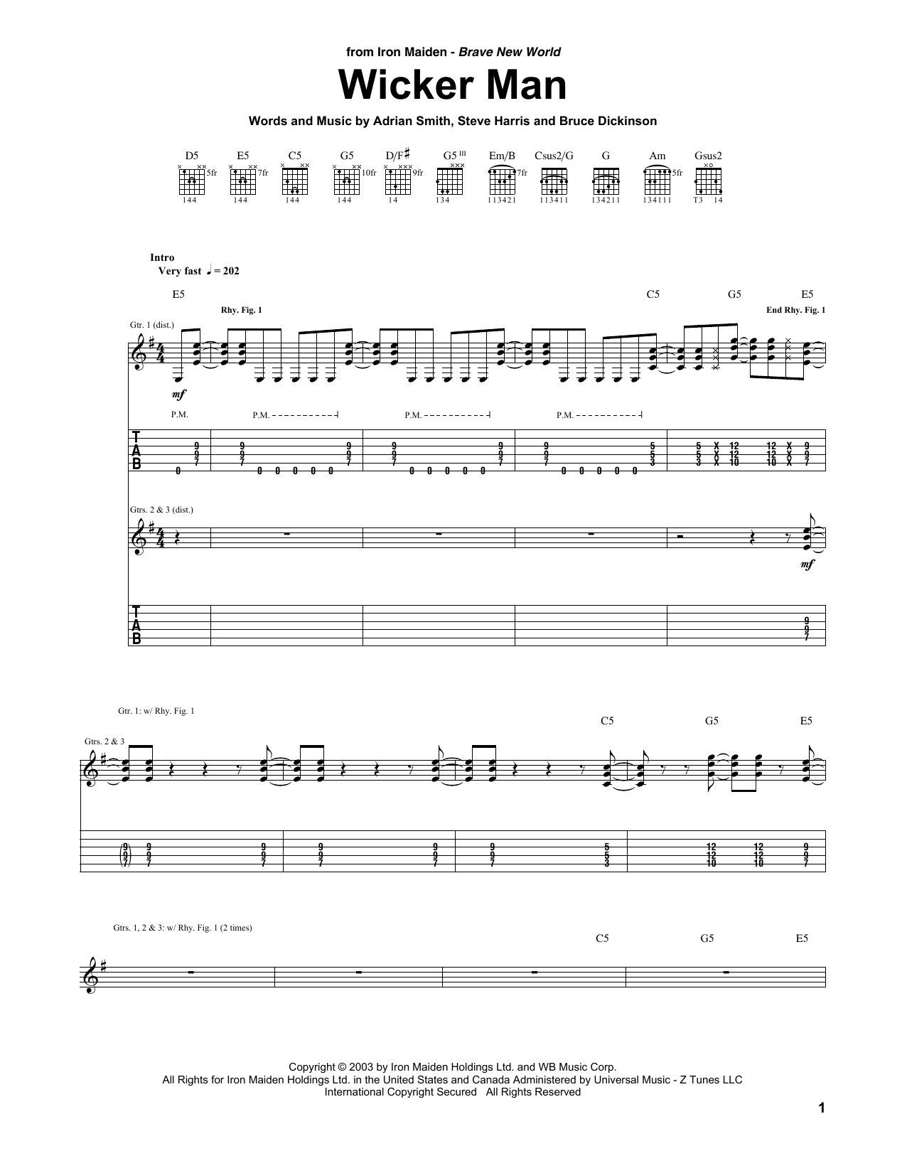 Download Iron Maiden Wicker Man Sheet Music and learn how to play Guitar Tab PDF digital score in minutes