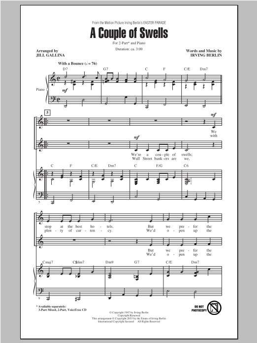 Download Irving Berlin A Couple Of Swells (arr. Jill Gallina) Sheet Music and learn how to play 2-Part Choir PDF digital score in minutes