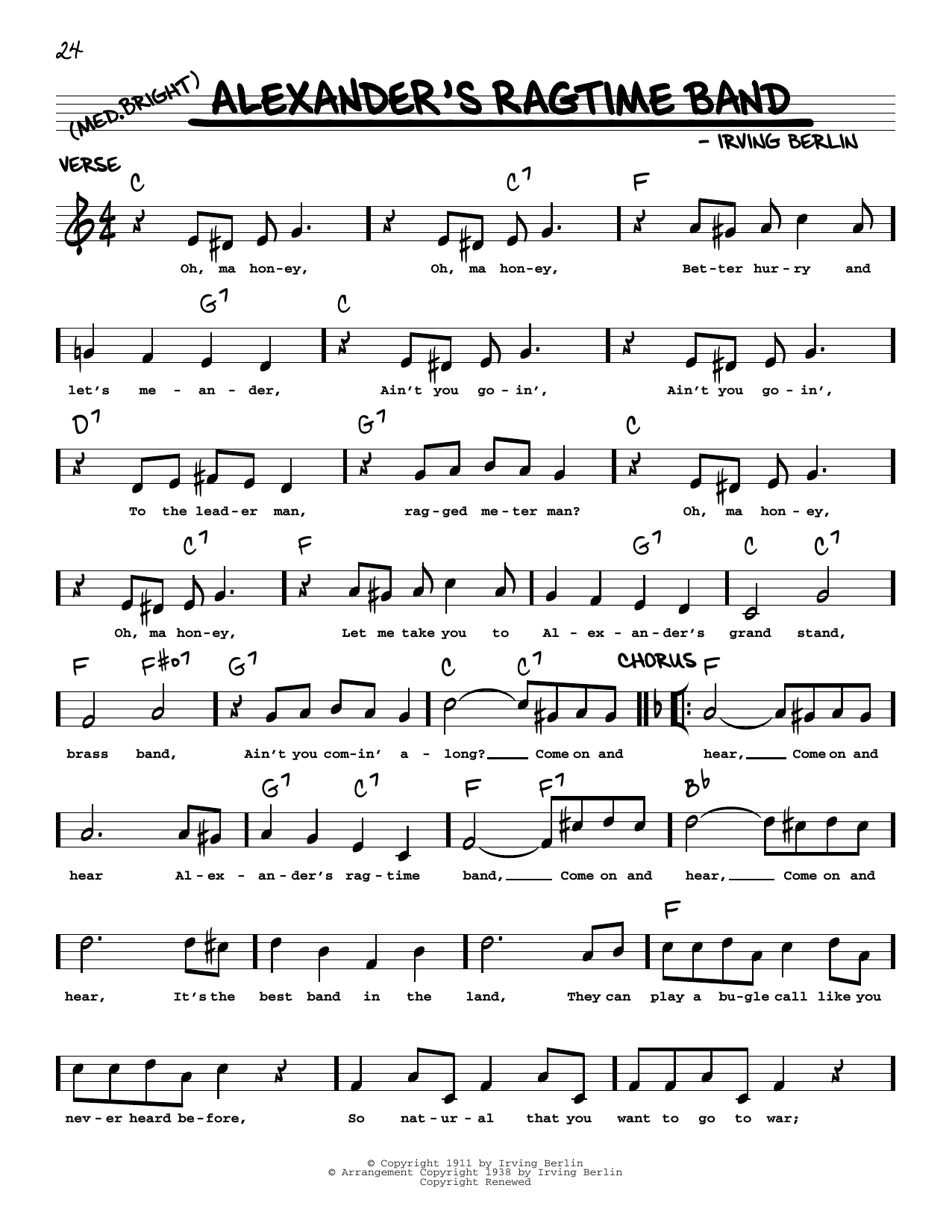 Download Irving Berlin Alexander's Ragtime Band (arr. Robert Rawlins) Sheet Music and learn how to play Real Book – Melody, Lyrics & Chords PDF digital score in minutes