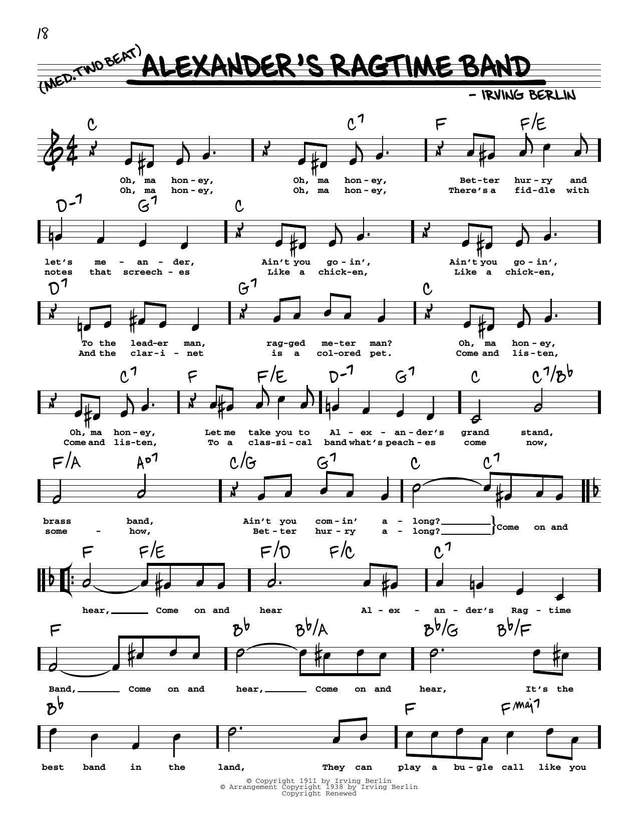 Download Irving Berlin Alexander's Ragtime Band (High Voice) Sheet Music and learn how to play Real Book – Melody, Lyrics & Chords PDF digital score in minutes