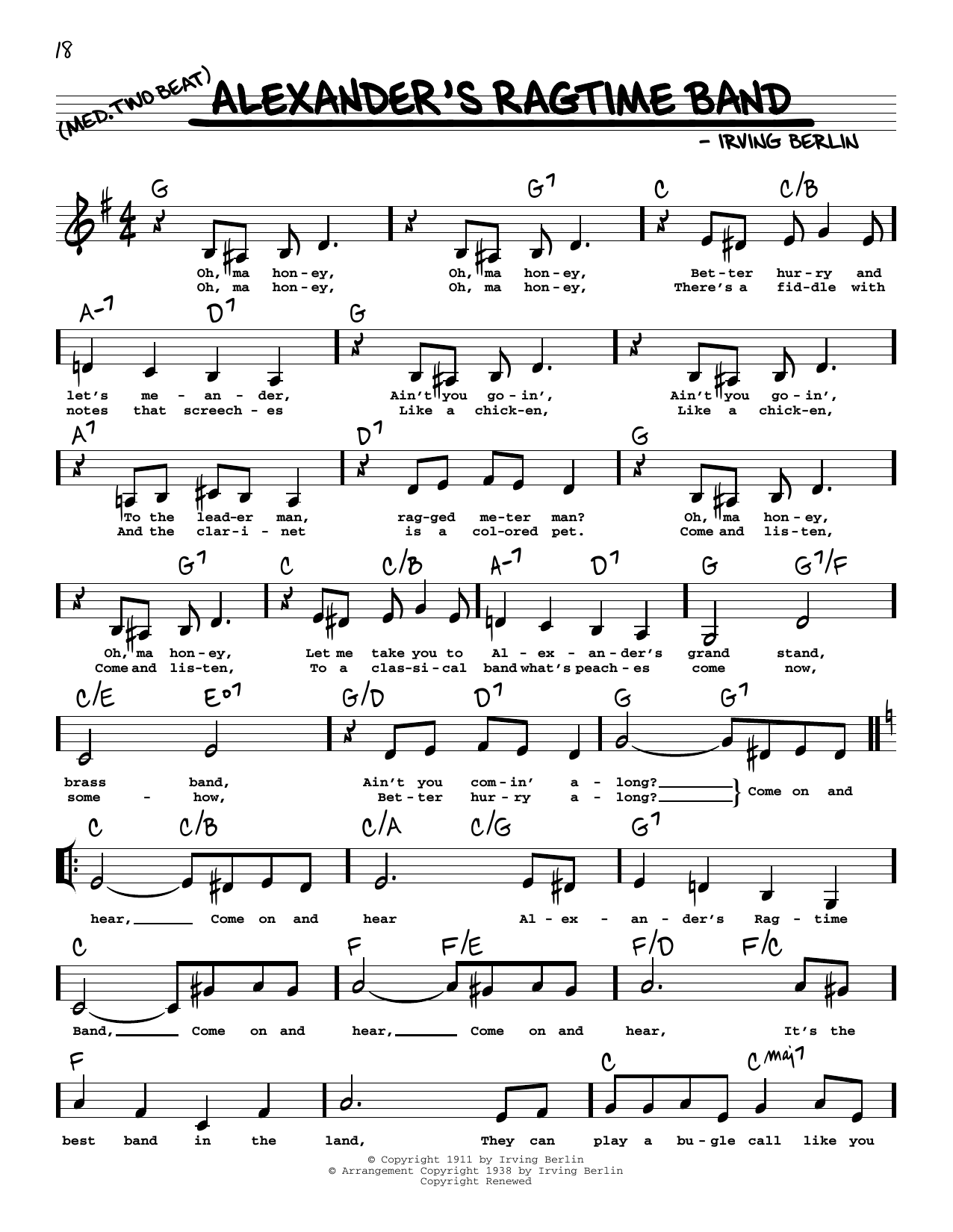 Download Irving Berlin Alexander's Ragtime Band (Low Voice) Sheet Music and learn how to play Real Book – Melody, Lyrics & Chords PDF digital score in minutes